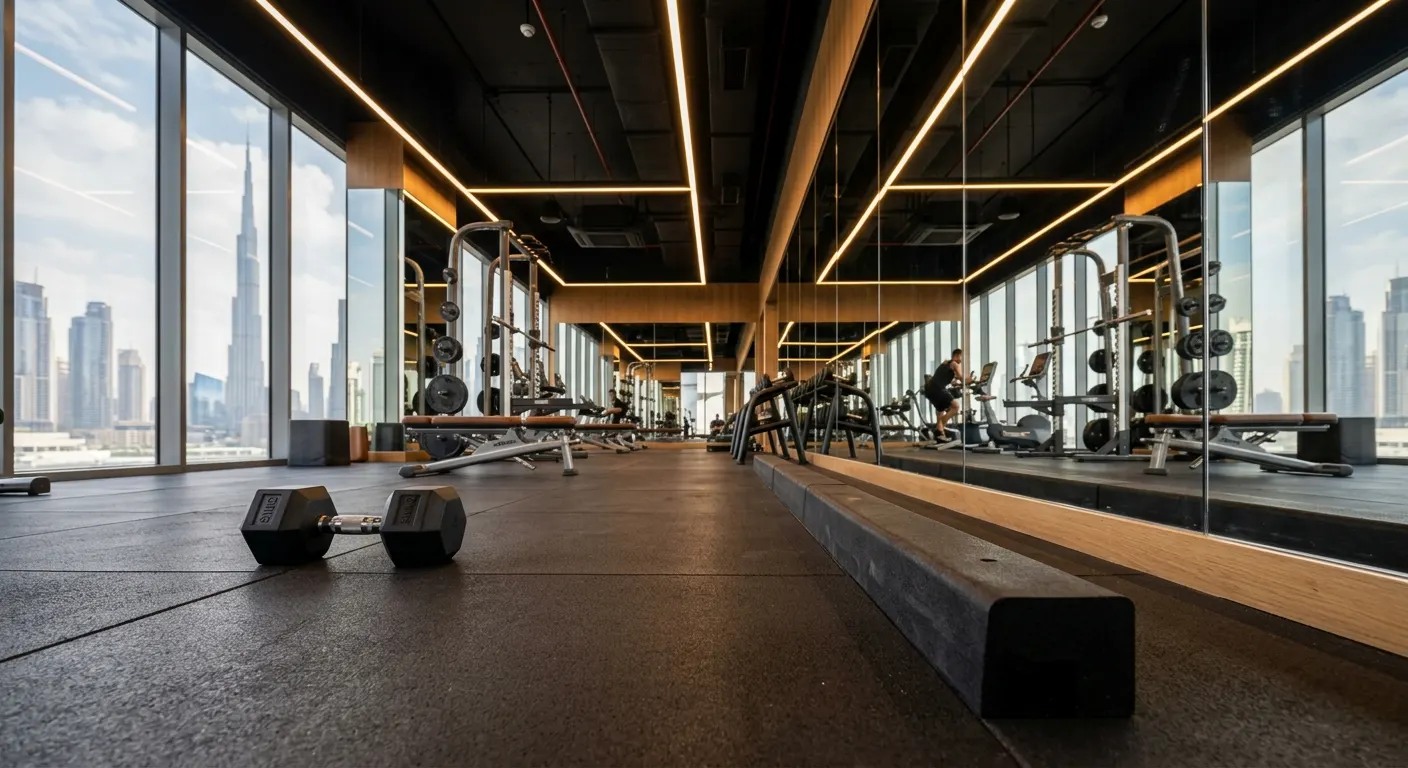Heavy-duty black SBR rubber curb stone barrier installed along a mirror wall in a Dubai commercial gym to prevent weight damage.