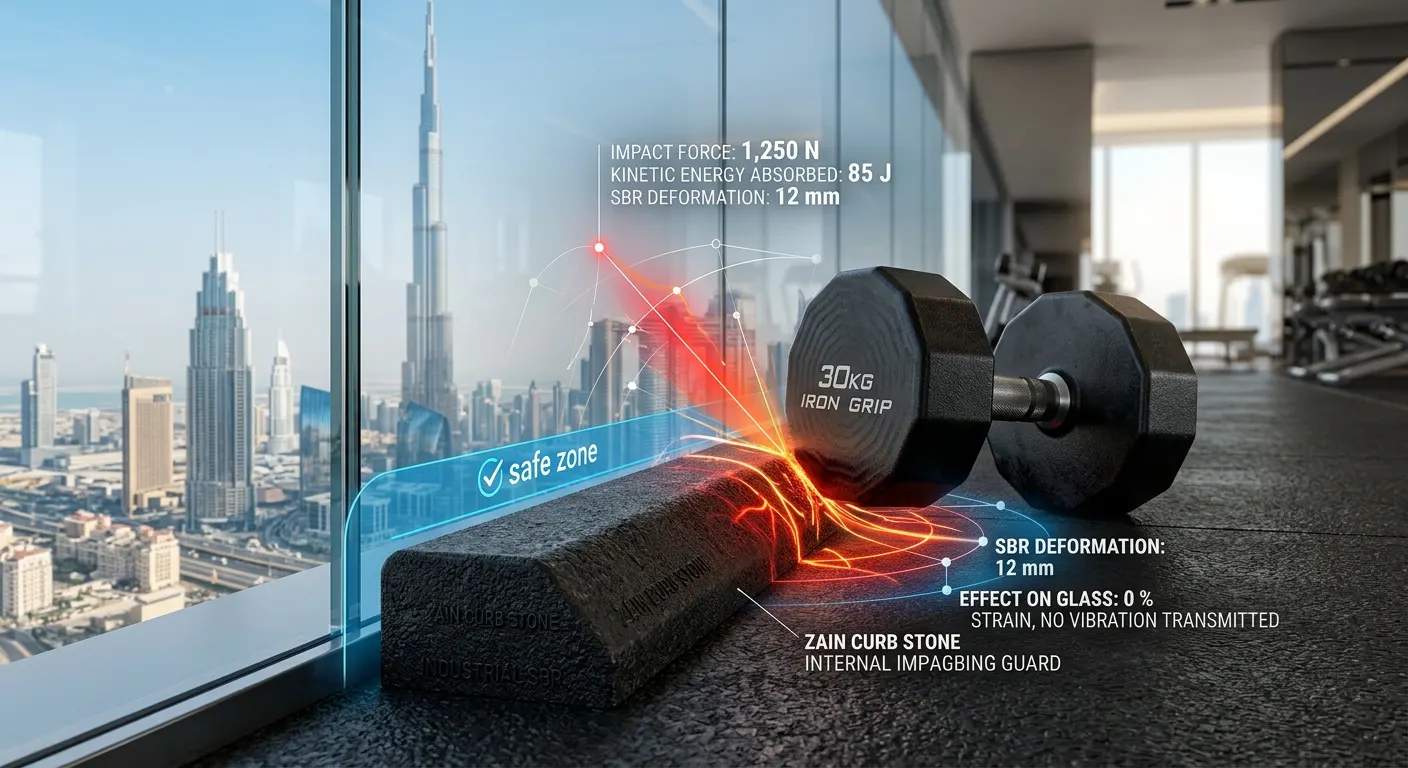 Rolling heavy dumbbell stopped safely by a dense rubber curb stone barrier in a Dubai fitness facility.