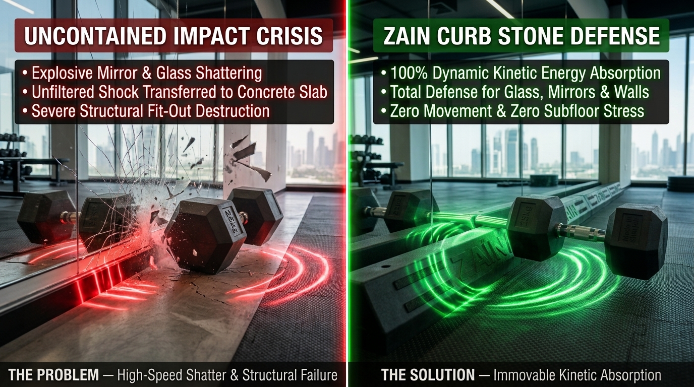 High-speed cinematic action shot capturing a heavy barbell impact shattering glass and baseboards versus total shock absorption by a Zain Curb Stone barrier in a Dubai gym