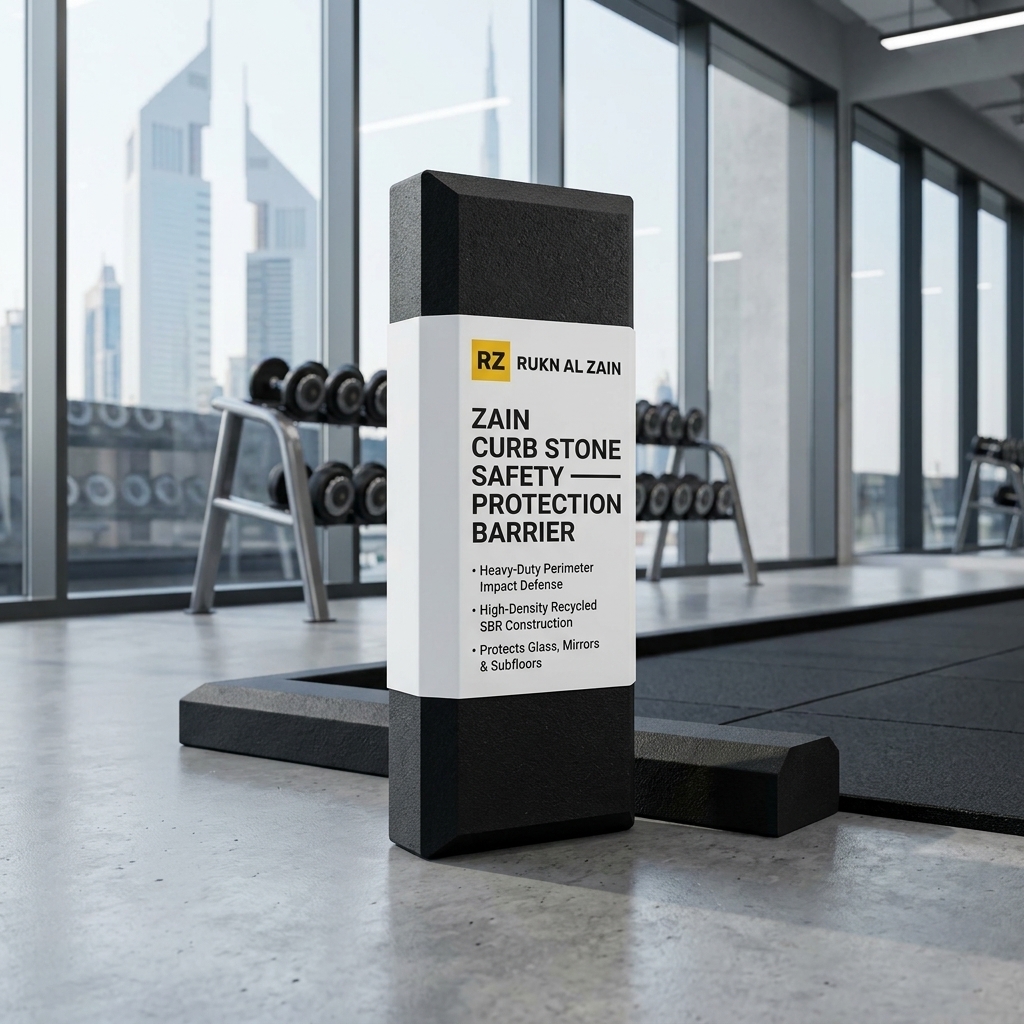Zain Curb Stone rubber gym safety barrier with official Rukn Al Zain product label displayed in a Dubai fitness facility