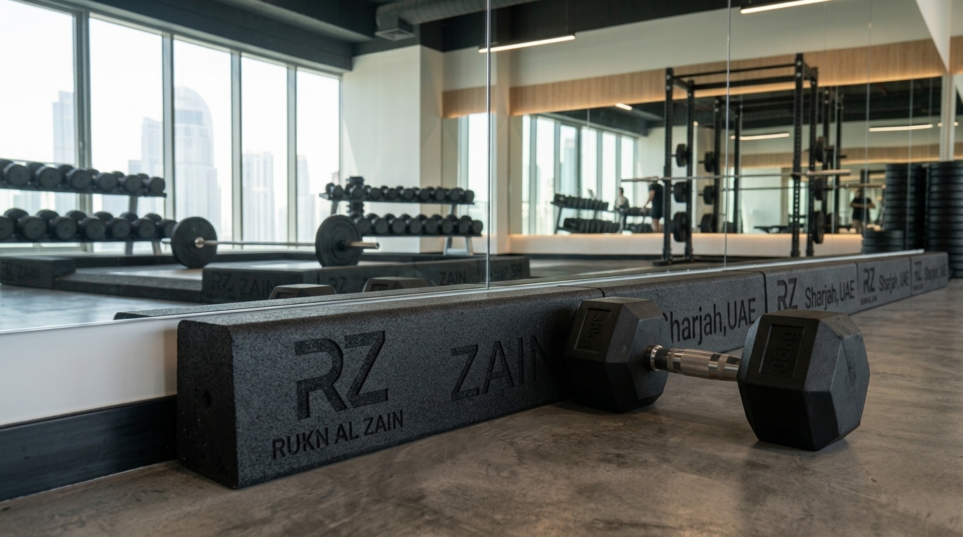 Close-up of Zain Curb Stone rubber barrier resting tightly against a floor-to-ceiling mirror wall, blocking a heavy dumbbell in a Dubai gym