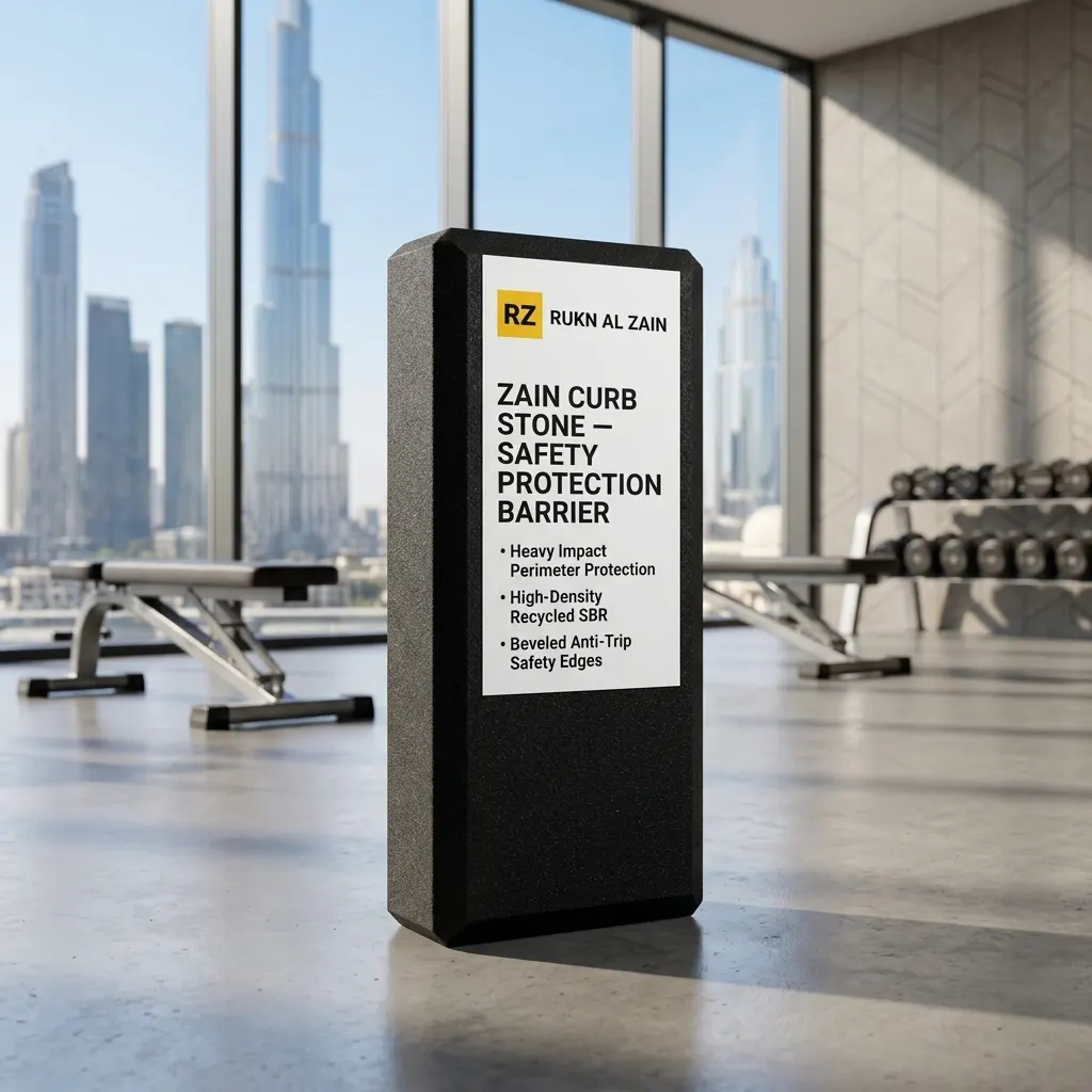 Zain Curb Stone heavy-duty SBR rubber safety block standing upright with a white product label in a commercial gym studio setup.
