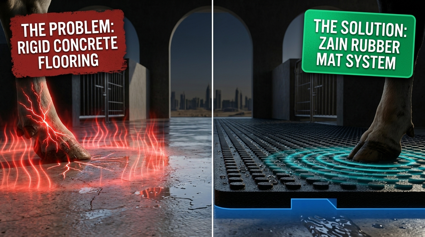 Side-by-side comparison of slick bare concrete versus a Zain Hammer Top matted livestock wash bay in Dubai, with labelled problem and solution callouts