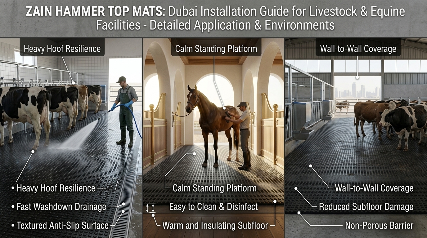 Three-panel grid showing Zain Hammer Top mats in a dairy cattle stall, an equine wash bay and a horse stable enclosure in Dubai