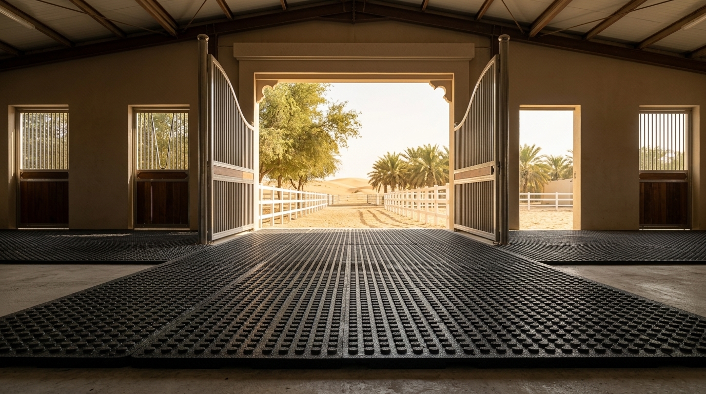Zain Hammer Top rubber flooring installed in a Dubai equestrian and dairy facility with desert surroundings