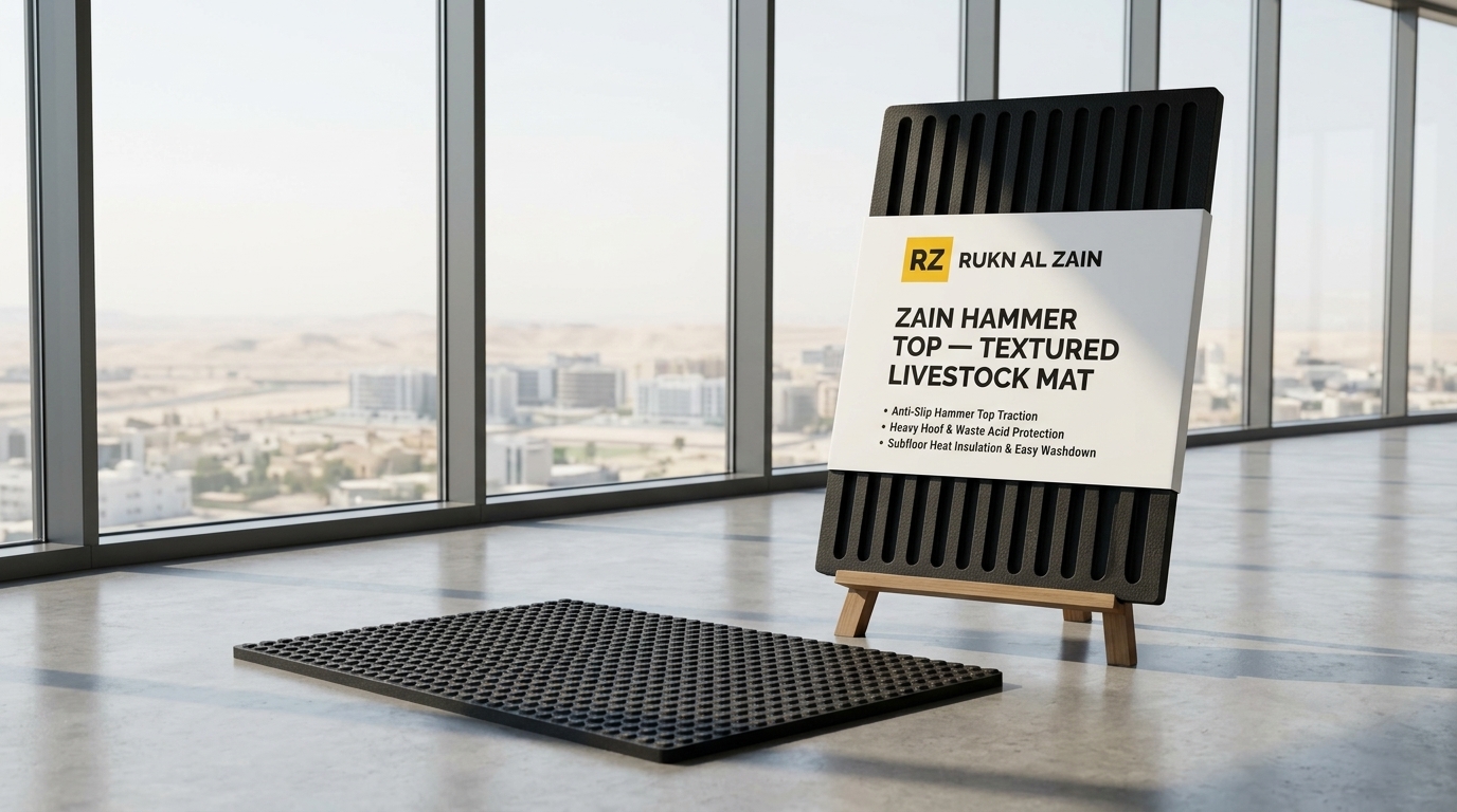 Zain Hammer Top textured rubber stable mat with official Rukn Al Zain product label displayed in a Dubai stable