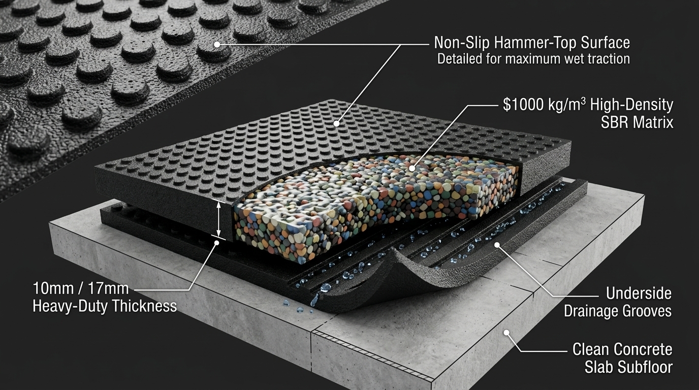 Technical breakdown diagram of Zain Hammer Top rubber mat showing the hammer-top surface texture, dense SBR body and grooved drainage underside
