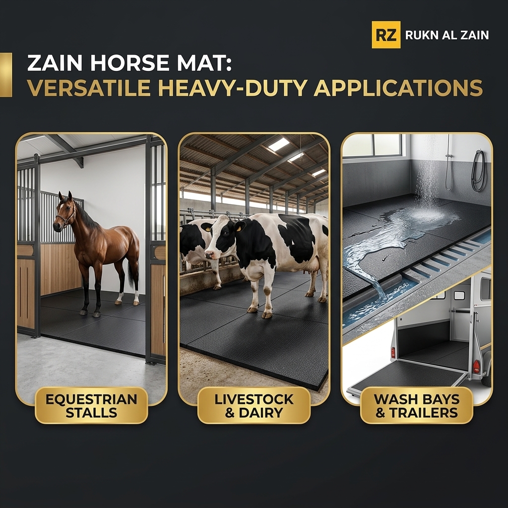 Three-panel showcase illustration of Zain Horse Mat applications: equestrian stables, dairy and livestock enclosures, and wash bays and transport trailers in Dubai