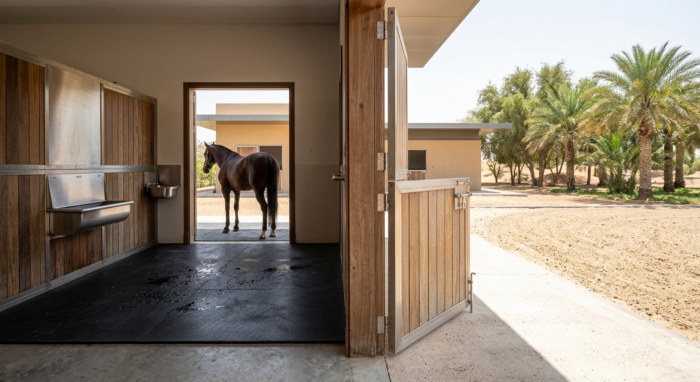 Non-slip Zain SBR horse stable mats installed in an equestrian barn in Al Khawaneej, Dubai, with desert sand paddock views and native palm foliage