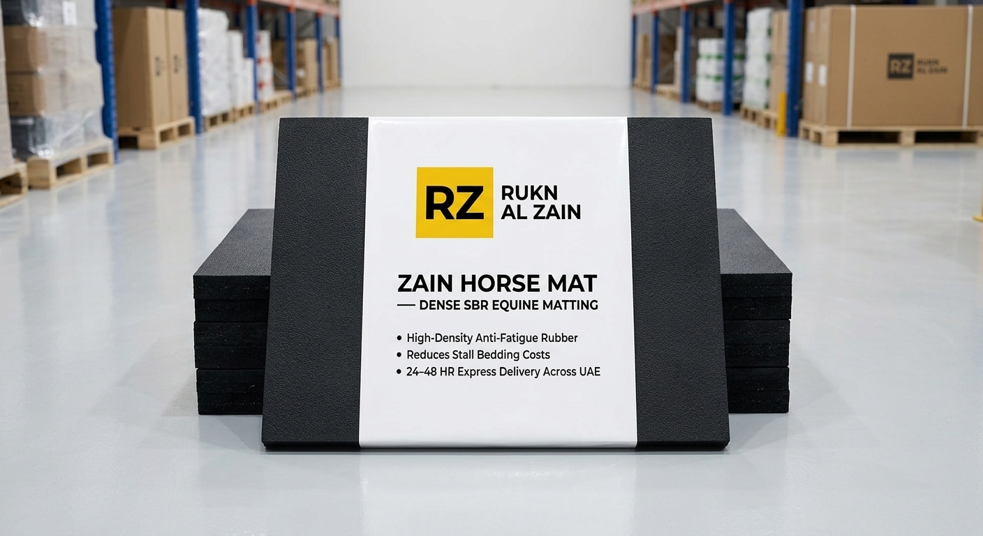 Zain Horse Mat non-slip rubber stable mat with official Rukn Al Zain product label installed in a Dubai stable