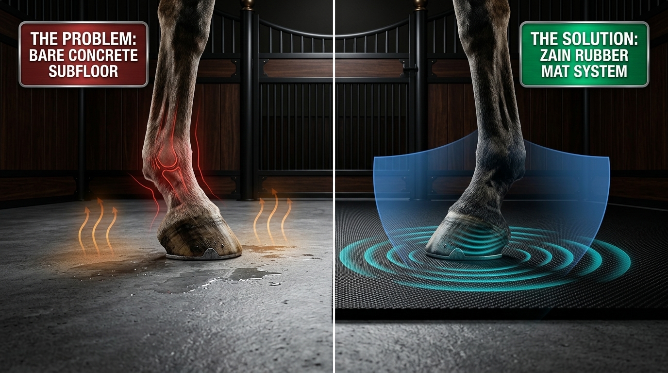 Side-by-side comparison diagram showing concrete subfloor joint stress versus Zain Horse Mat rubber protection in a Dubai stable