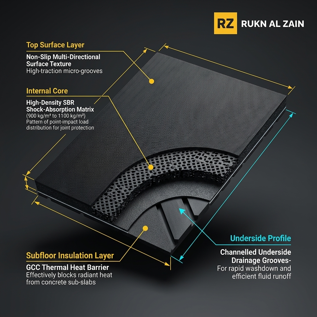 Technical 3D cross-section diagram of Zain Horse Mat highlighting SBR rubber composition, top non-slip texture, thermal concrete barrier and channelled drainage grooves
