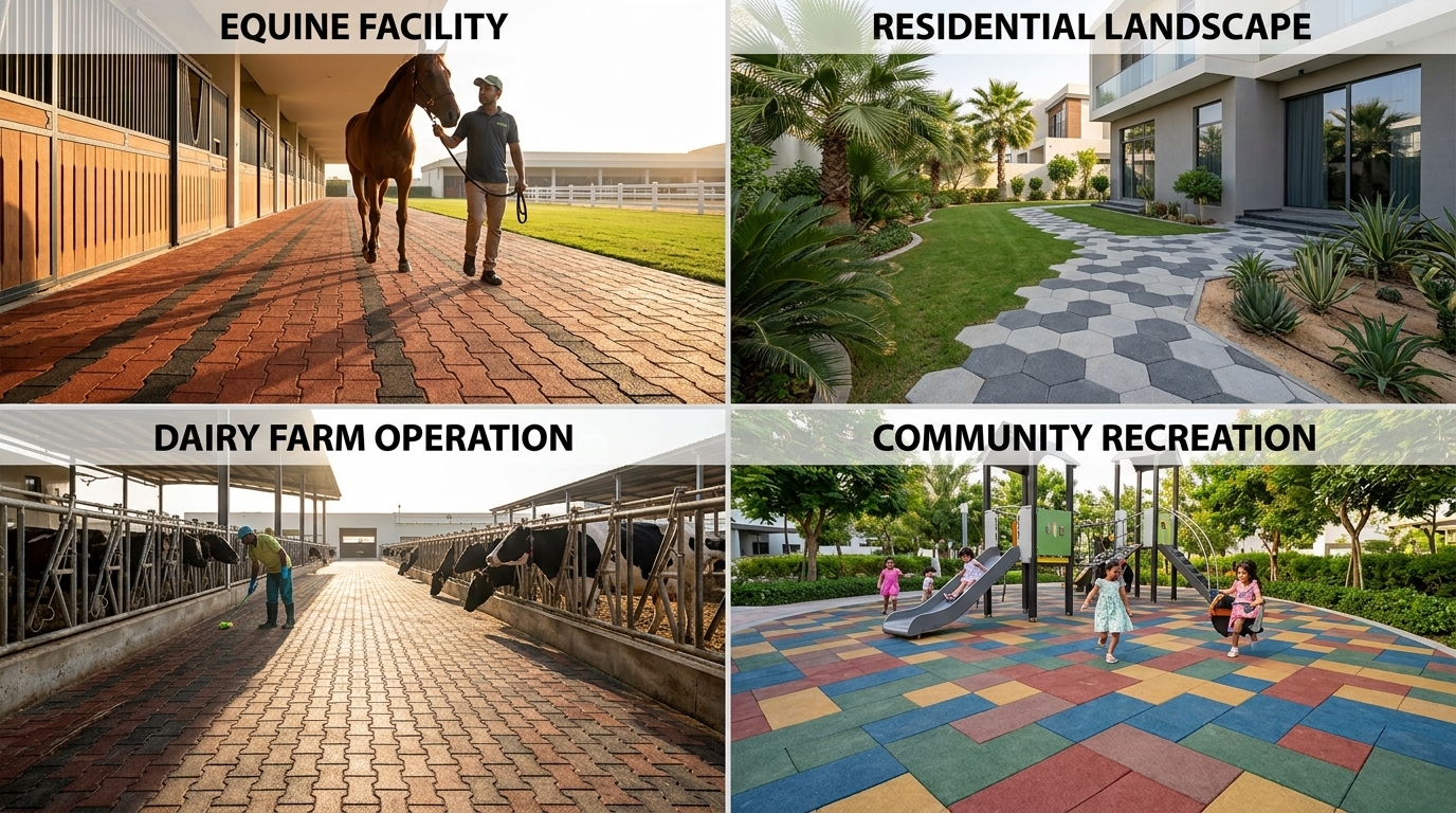 Grid of hexagon rubber paver applications — villa garden path, equestrian paddock, farm livestock walkway and outdoor play area in the UAE