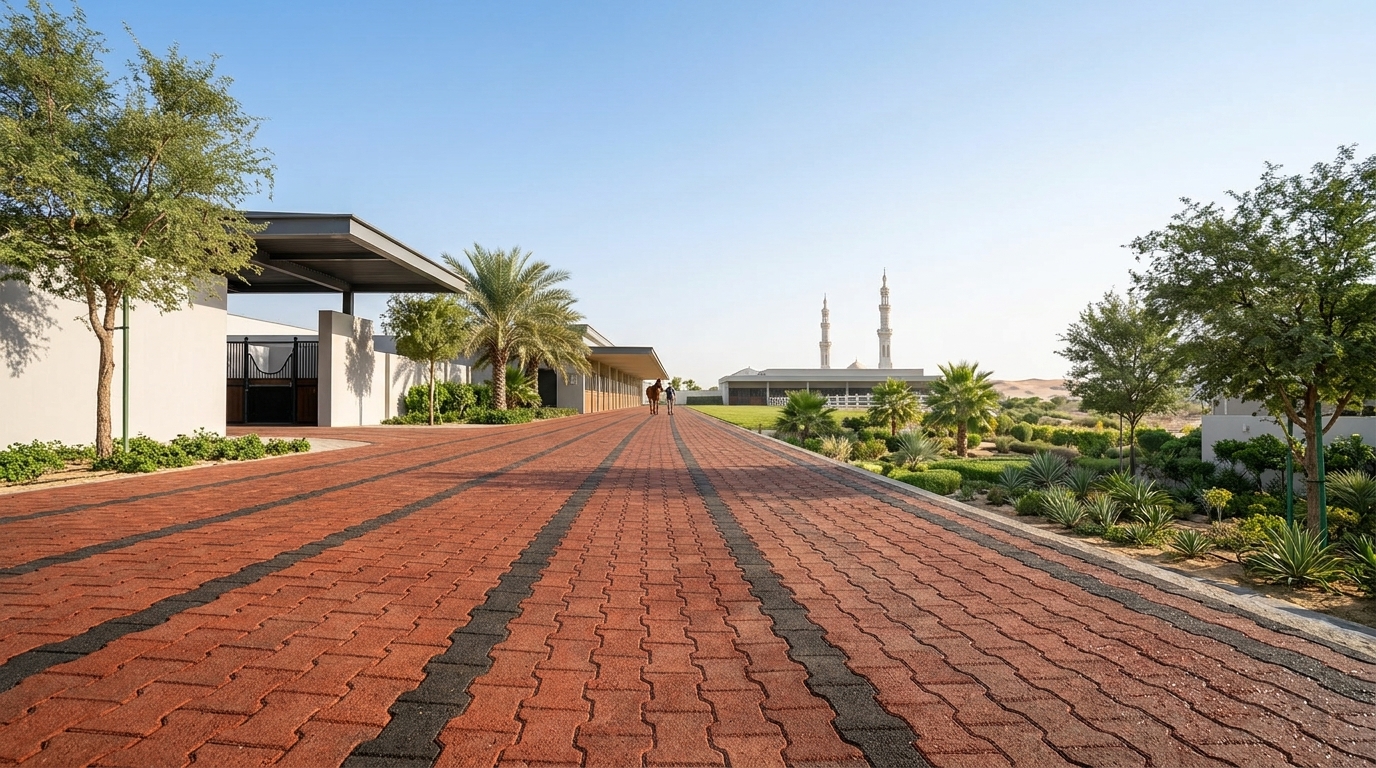 Zain Hexagon rubber pavers installed along a luxury villa pathway in Dubai with desert surroundings