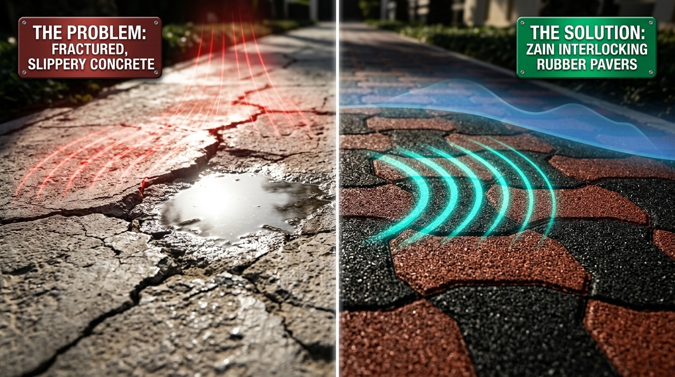 Side-by-side comparison of cracked, slick concrete paving versus interlocking Zain Hexagon rubber pavers on a Dubai walkway