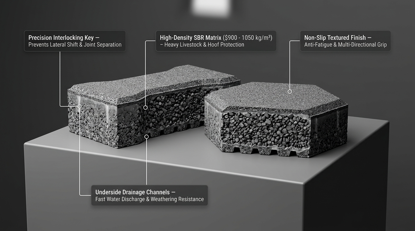 Architectural cutaway diagram showing the dense SBR rubber granule core, thickness range and underside drainage channels of ZainPavers Dog Bone pavers