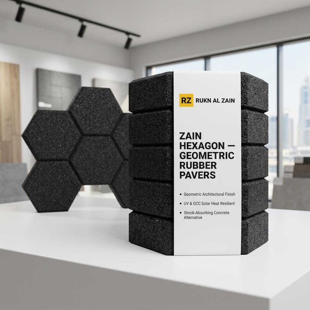 Zain Hexagon geometric rubber pavers forming a non-slip garden pathway, shown with Rukn Al Zain branding in Dubai