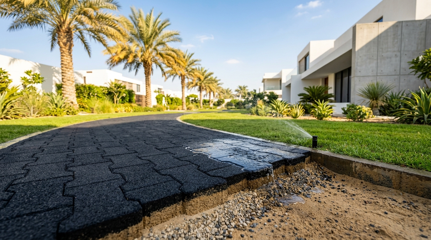 Outdoor ZainPavers Dog Bone interlocking rubber pavers installed along a sunlit villa pathway in Dubai with palm trees and modern GCC architecture