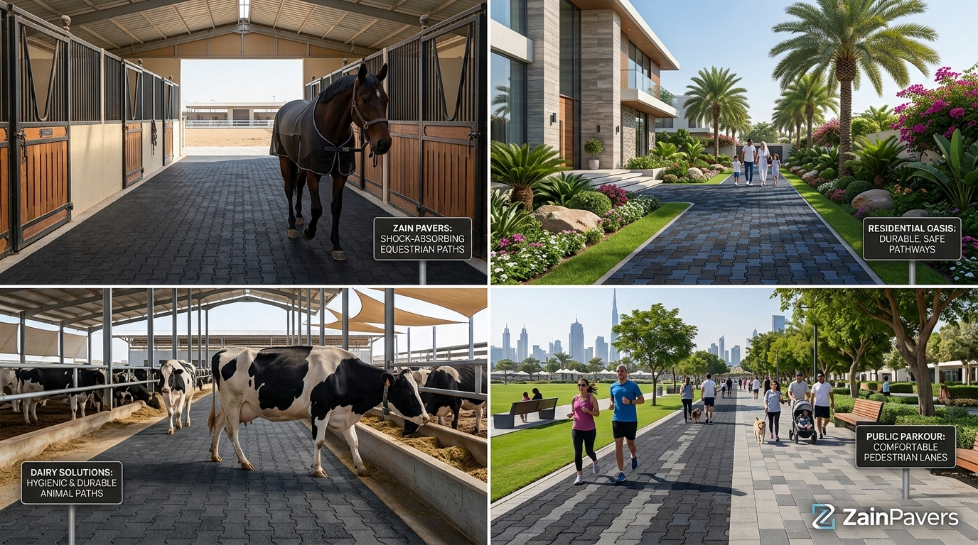 Four-quadrant composite showcasing ZainPavers Dog Bone applications across equestrian walkways, villa gardens, dairy farms and public park paths