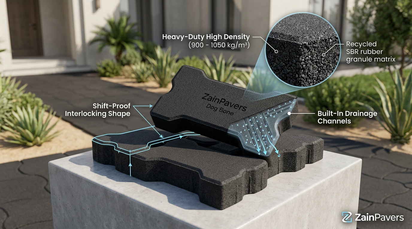 Close-up display highlighting high-density SBR construction, shift-proof interlock design and built-in drainage channels of ZainPavers Dog Bone pavers