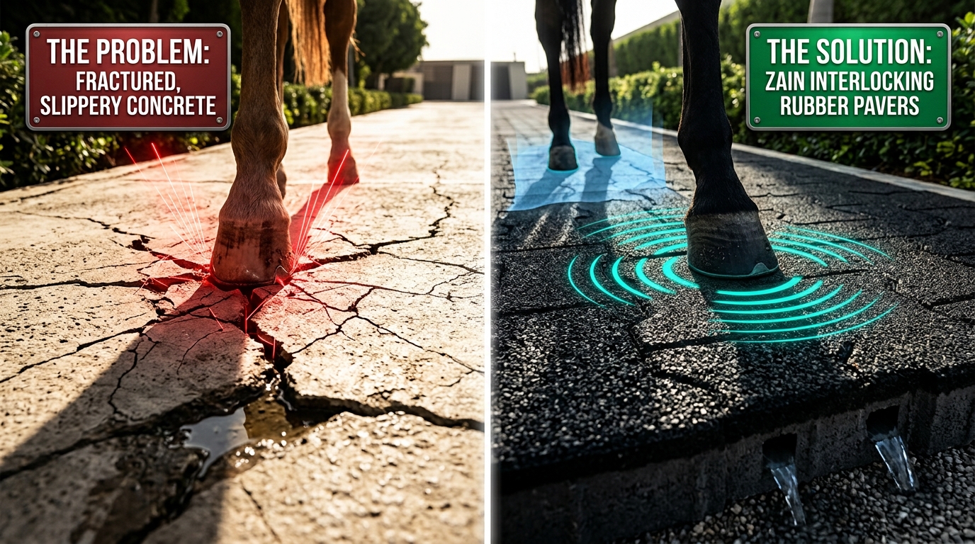 Side-by-side comparison contrasting fractured concrete hazards with shock-absorbing ZainPavers Dog Bone interlocking rubber pavers