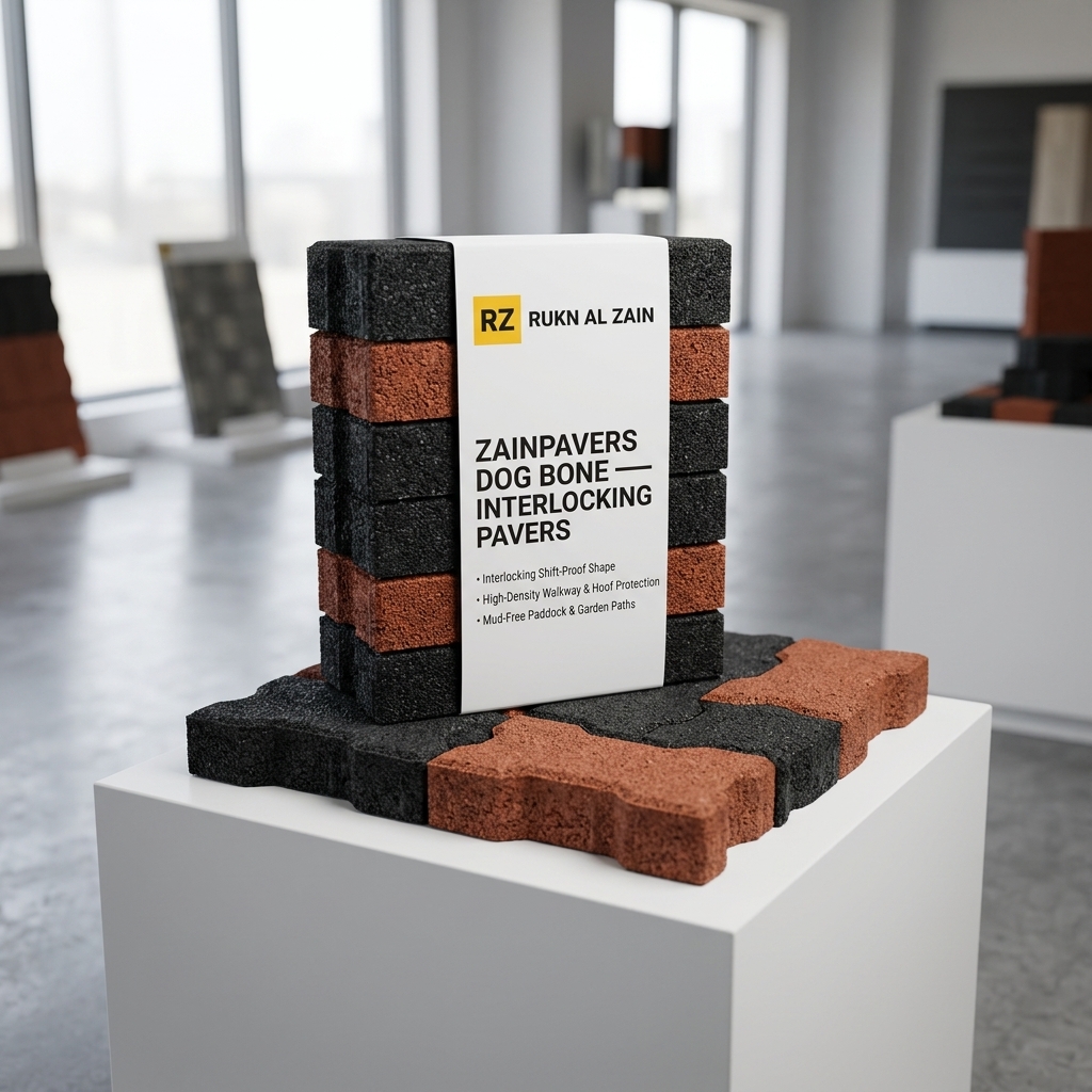 ZainPavers Dog Bone interlocking rubber pavers displayed on an outdoor pedestal in Dubai