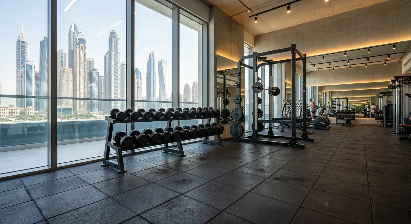 Commercial rubber gym tiles installed over concrete subfloor in a modern Dubai fitness studio with skyline view