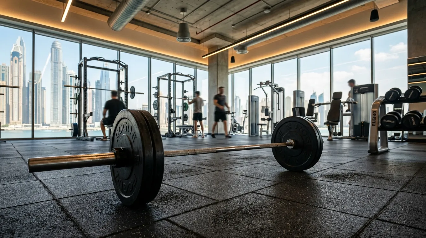 Commercial rubber gym tiles absorbing a heavy weight impact in a fitness facility