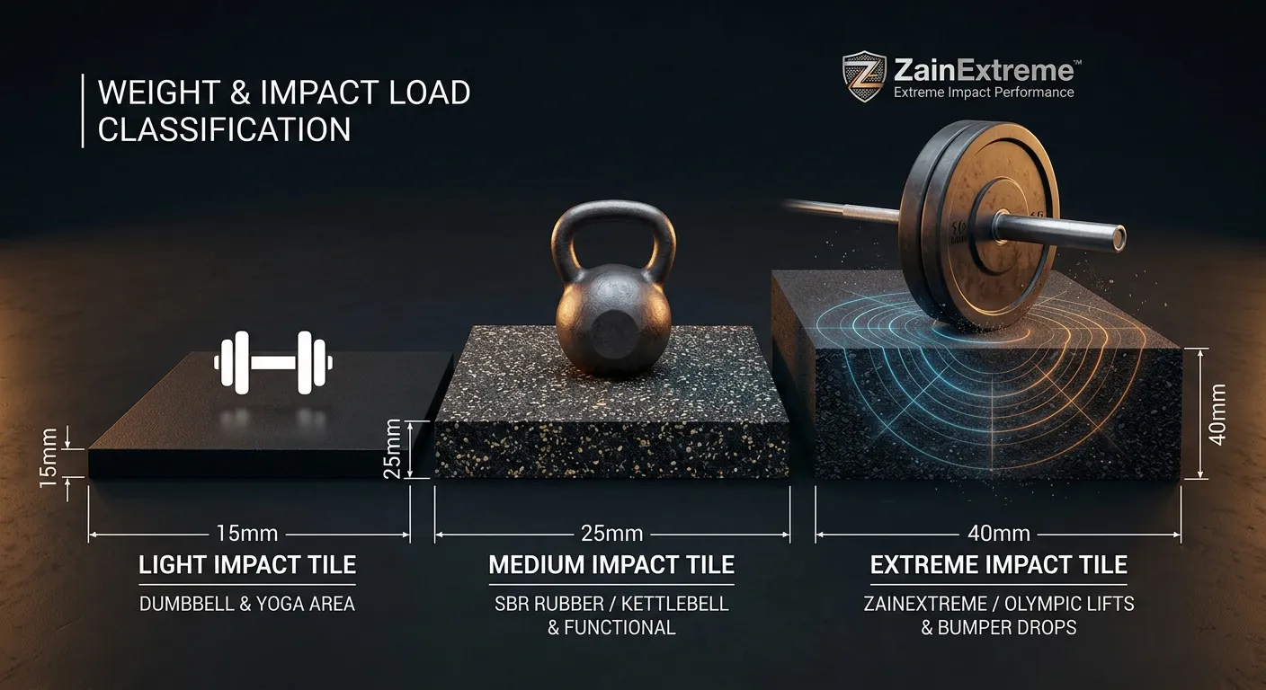 3D architectural cutaway of rubber gym tiles showing 15mm light impact, 25mm medium SBR, and 40mm heavy-duty ZainExtreme impact absorption tile