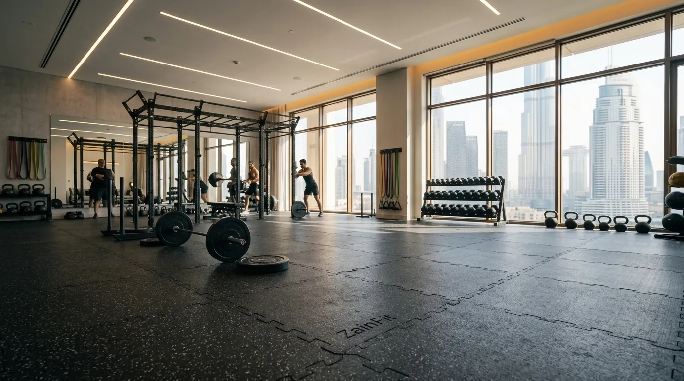 ZainFit interlocking rubber tiles installed in a modern Dubai fitness studio with floor-to-ceiling skyline views.