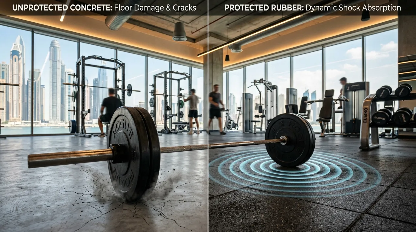Comparison of a cracked bare concrete gym floor next to a protected high-density rubber tile floor.