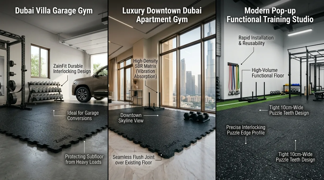 Grid collage showcasing ZainFit interlocking rubber tiles installed in a Dubai garage gym, high-rise apartment, and pop-up fitness studio.