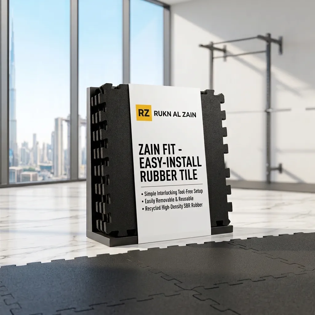 ZainFit interlocking puzzle-edge rubber gym tiles laid loose in a home gym.