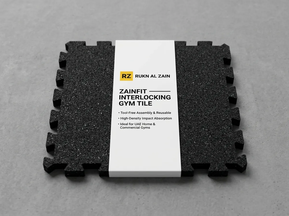 ZainFit interlocking rubber gym tile sample with official Rukn Al Zain branding.