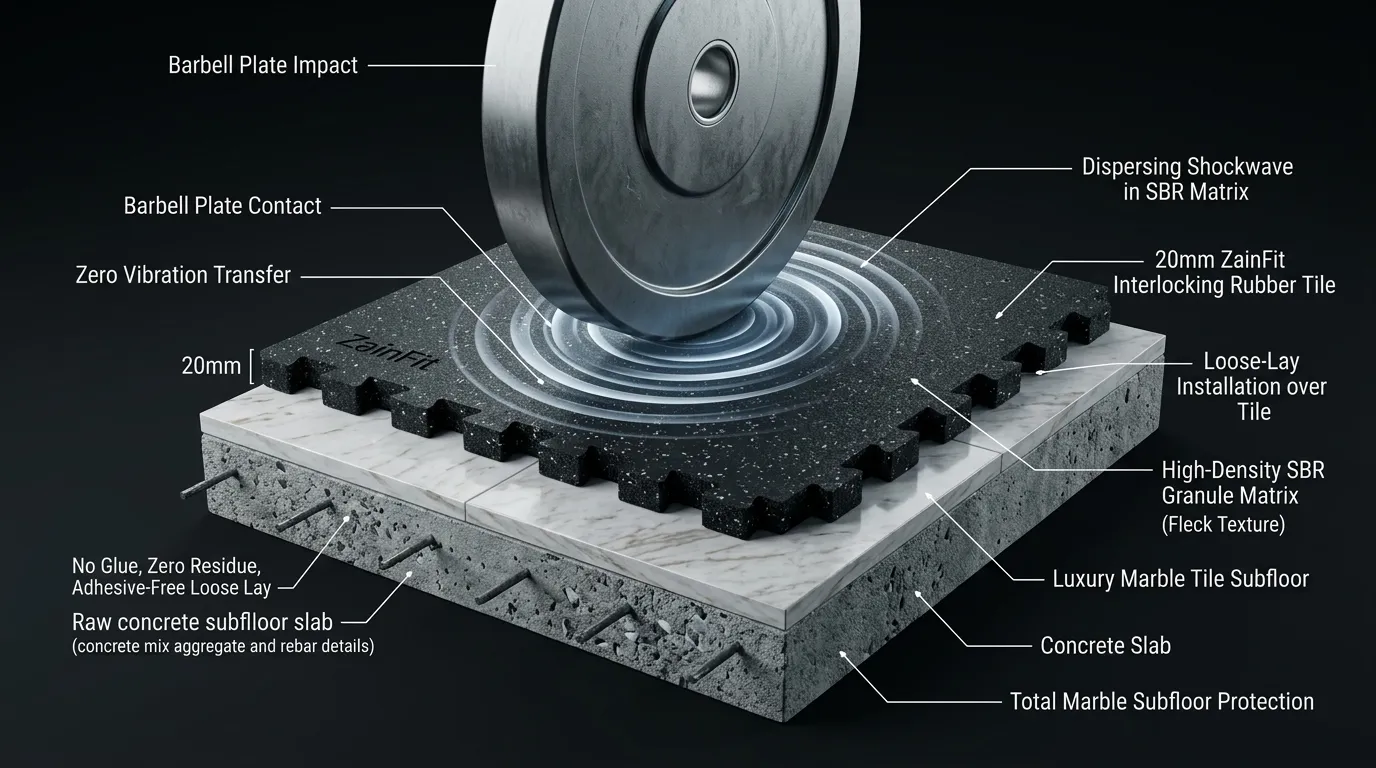 Architectural 3D cross-section diagram showing a 20mm ZainFit interlocking rubber gym tile absorbing a barbell bumper plate drop on a Dubai luxury ceramic subfloor to prevent damage and shock vibration.