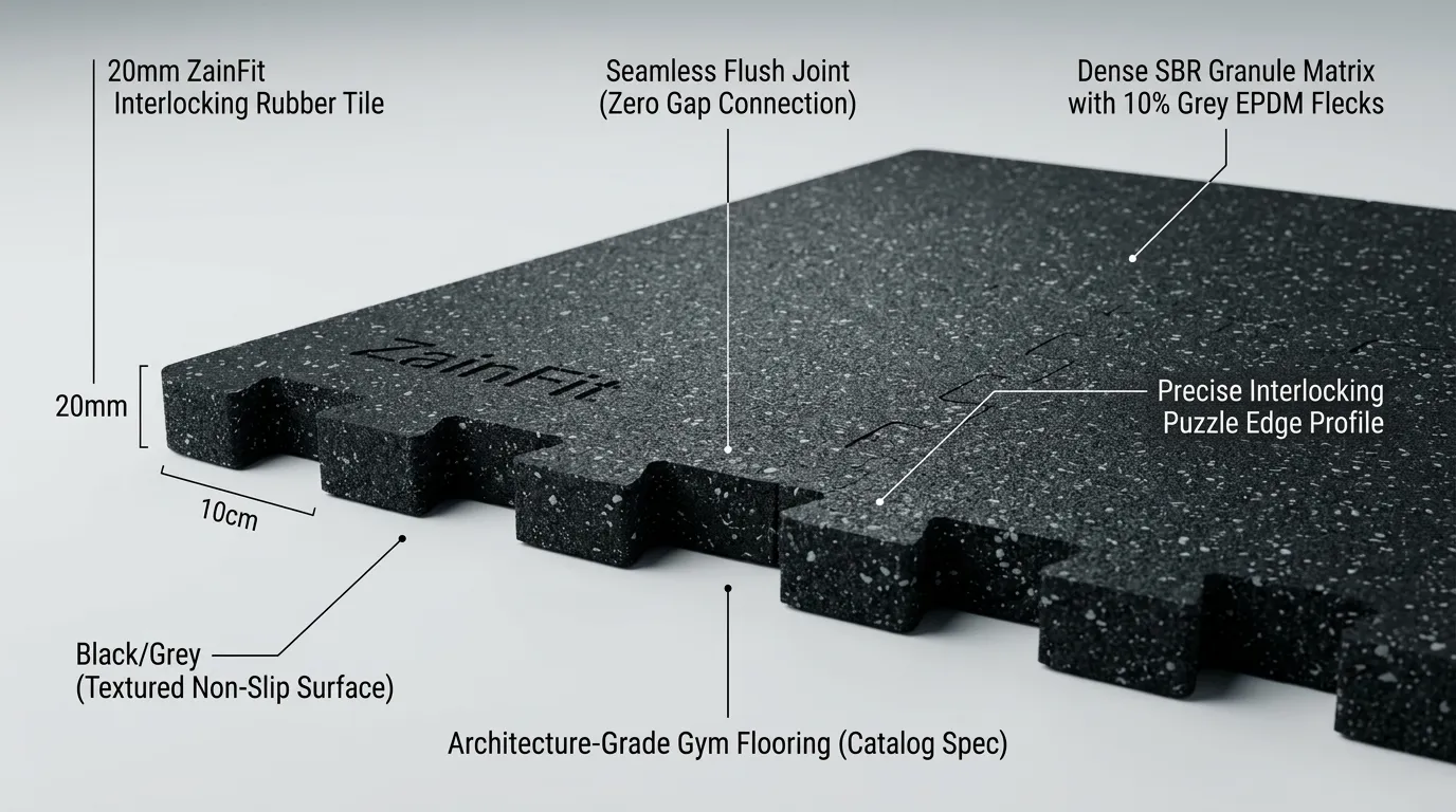 Technical diagram detailing the interlocking puzzle edge, dimensions, and SBR rubber granule texture of a ZainFit tile.