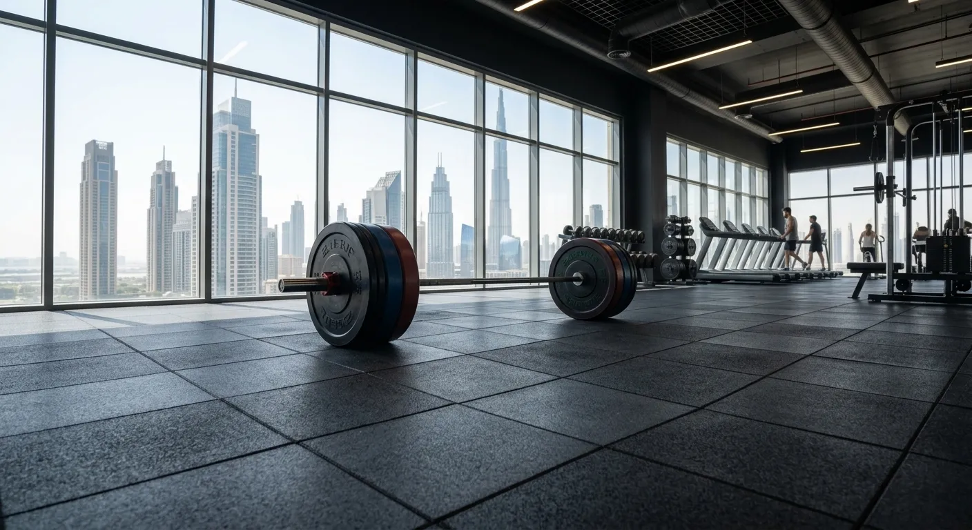 ZainSquare glue-down rubber gym tiles installed across a Dubai CrossFit box heavy drop zone