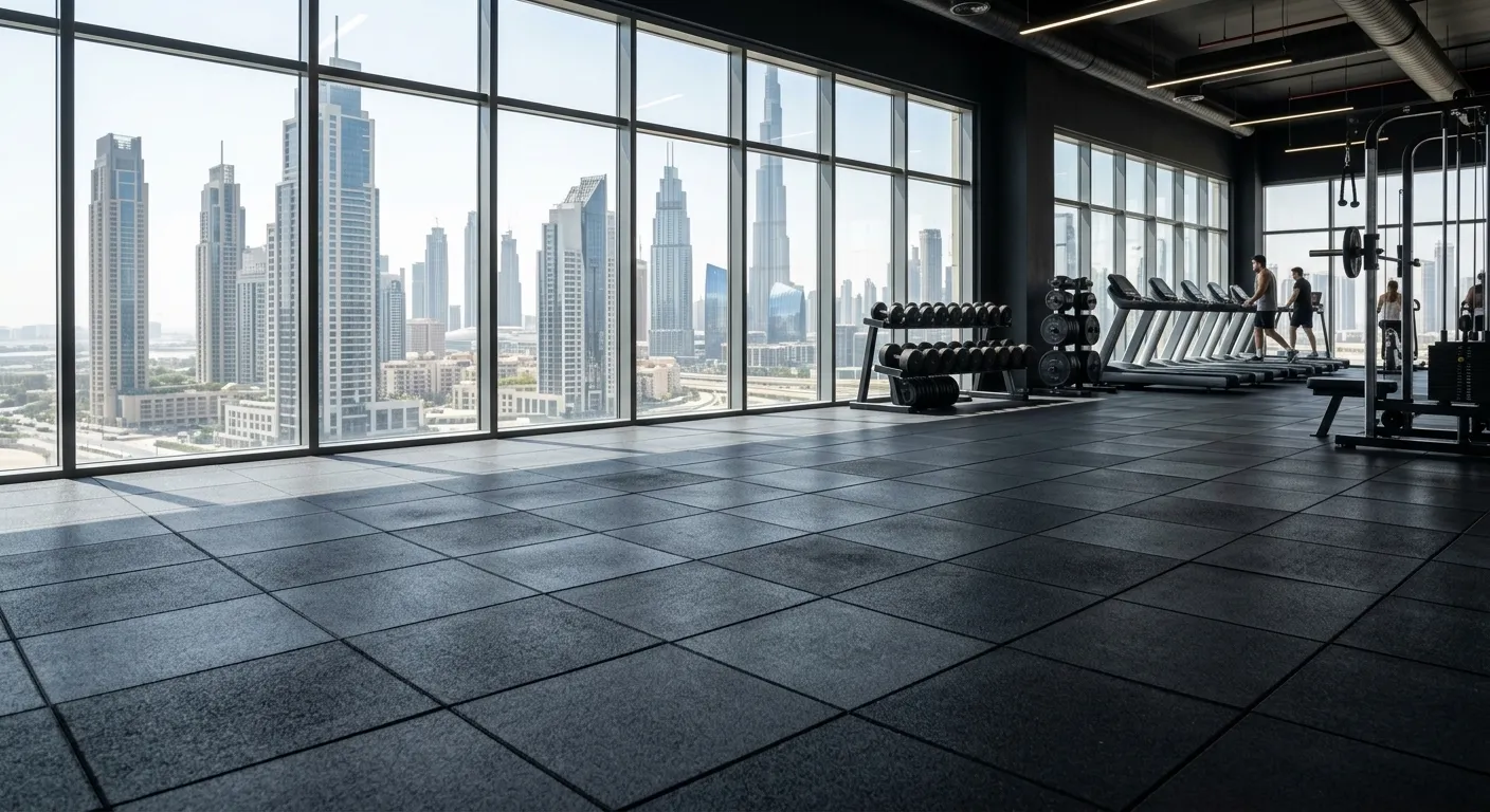 ZainSquare glue-down rubber gym tiles installed in a high-rise Dubai commercial fitness facility with skyline views