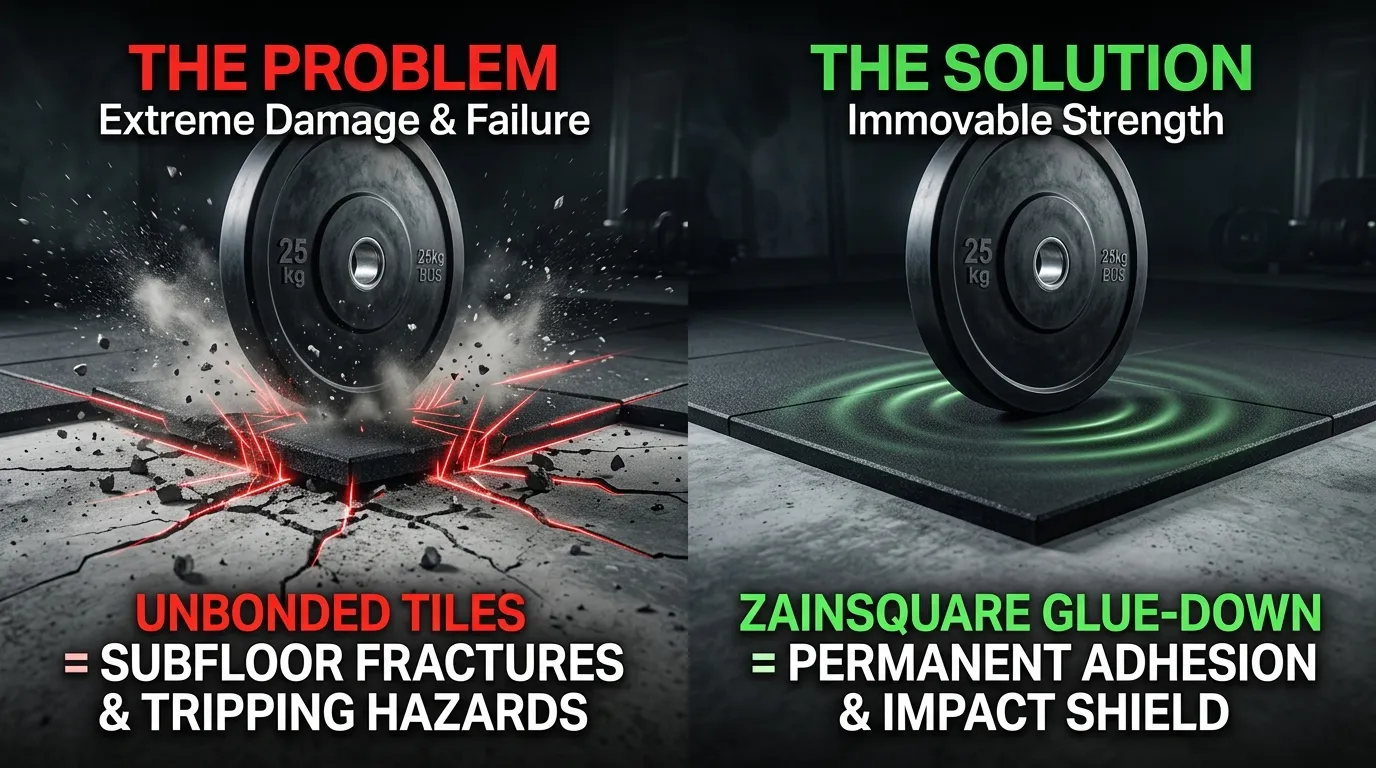 Side-by-side infographic showing loose-laid gym flooring issues vs the ZainSquare glue-down rubber gym tile system