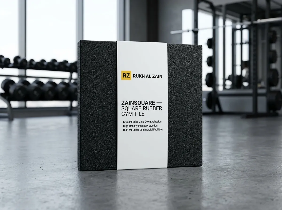 ZainSquare straight-edge recycled rubber gym tiles installed in a luxury Dubai commercial fitness center