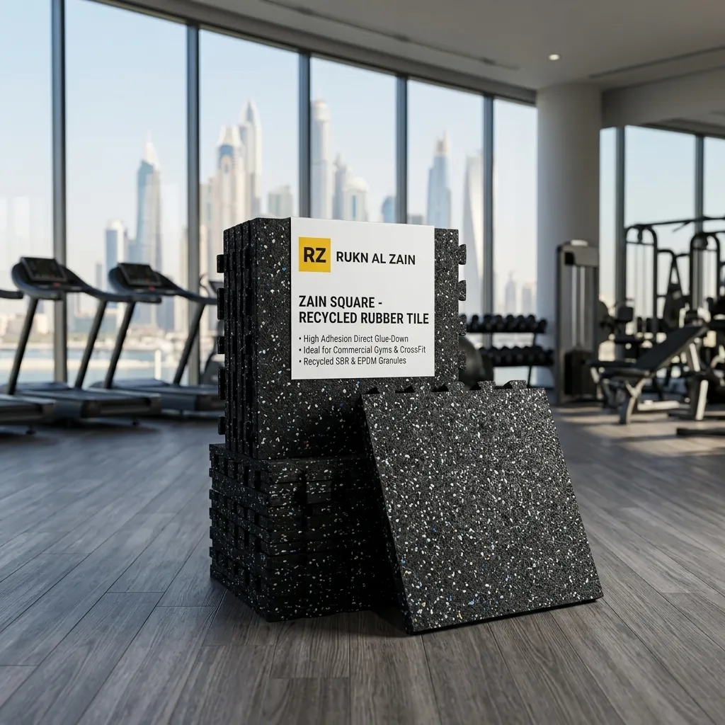 ZainSquare straight-edge recycled rubber gym tiles glued down over a concrete subfloor.