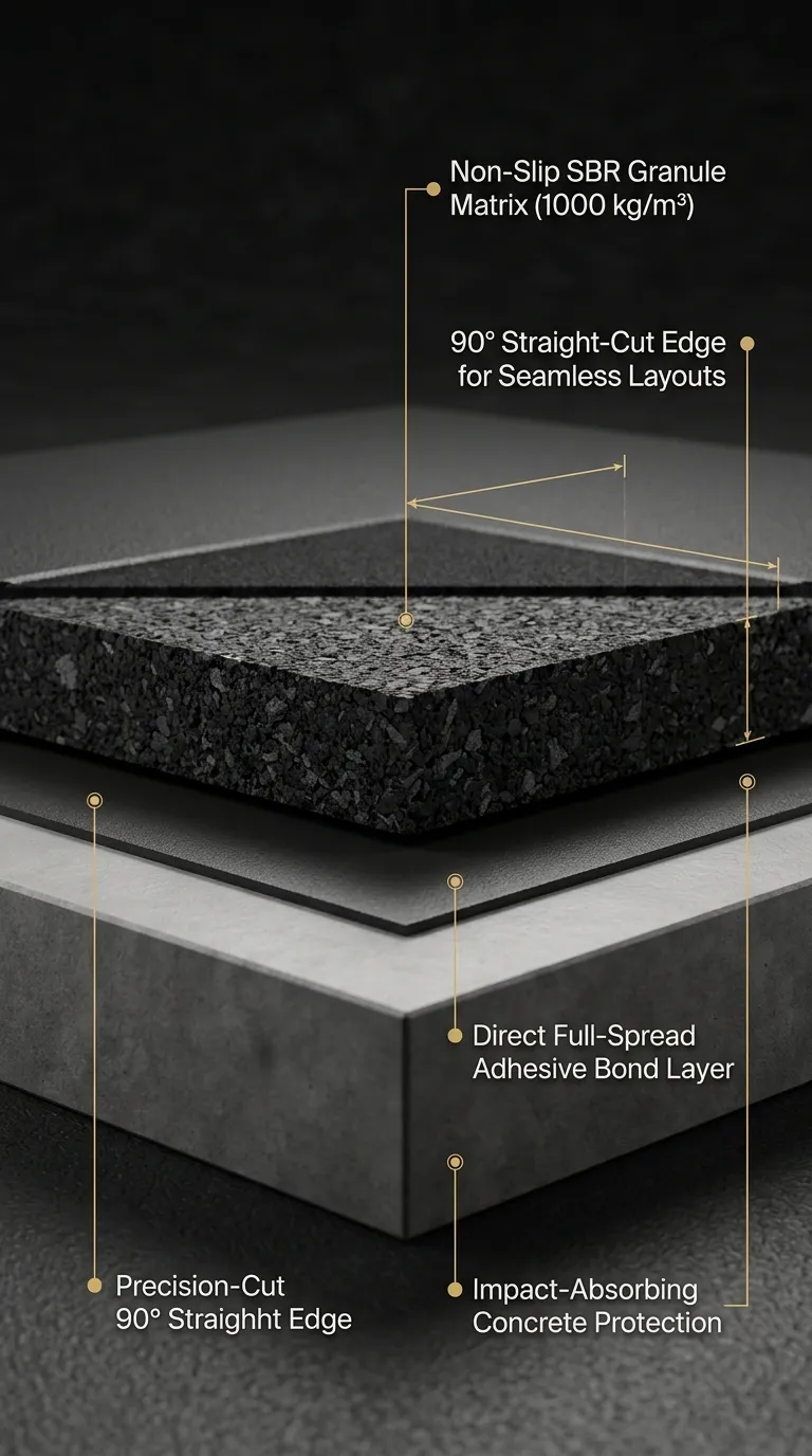 Vertical technical cutaway of a ZainSquare tile showing the 90-degree square edge, thickness layers, and SBR rubber granule texture