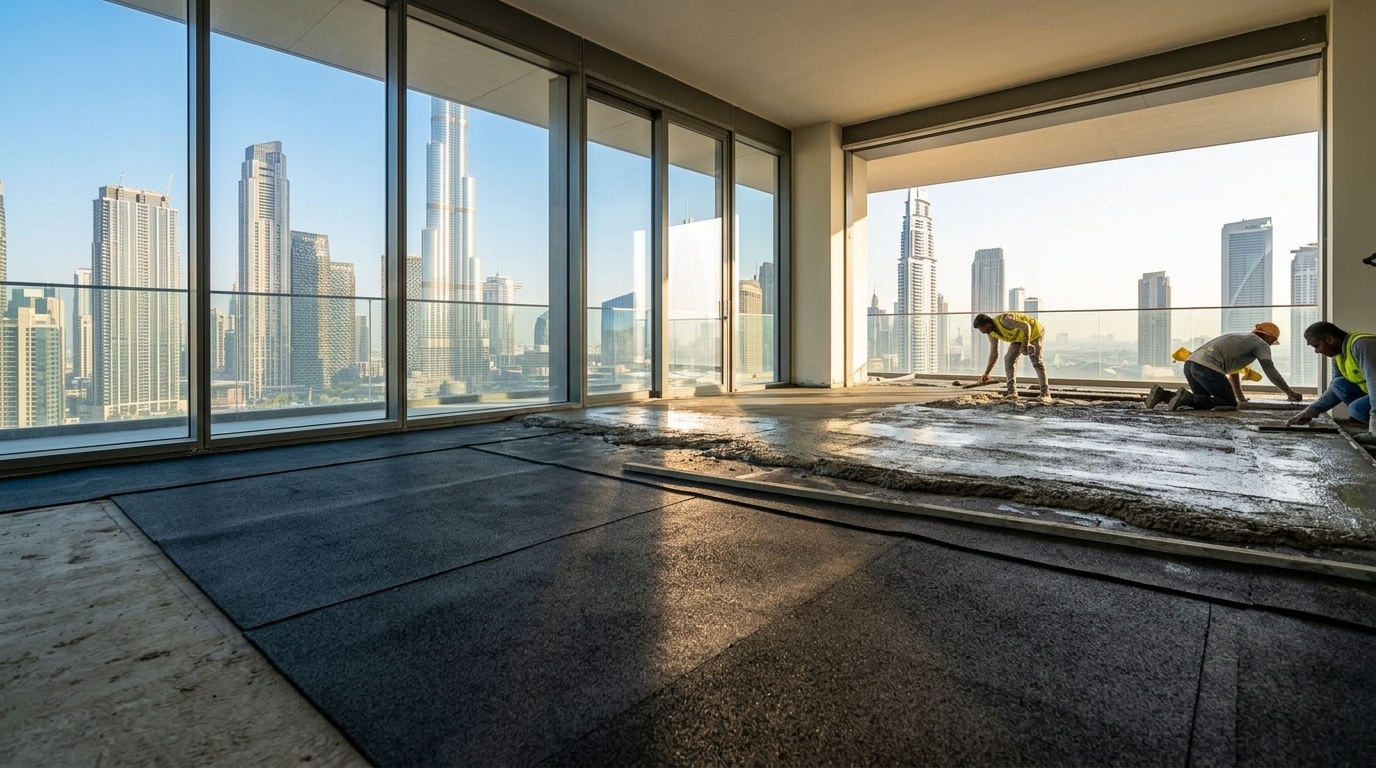 ZainSilence high-load screed isolation matting installed on an upper floor of a Downtown Dubai high-rise development with views of the city skyline