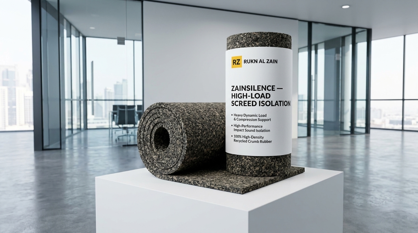 ZainSilence heavy-load screed isolation matting sample displayed on a pedestal with the official Rukn Al Zain product label sleeve in a Dubai showroom