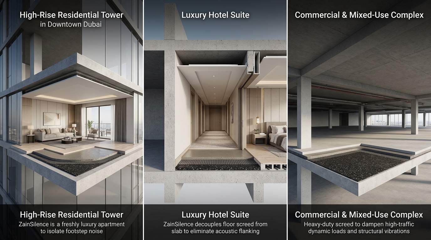 Composite grid featuring ZainSilence high-load screed isolation installed across Dubai high-rise residential towers, luxury hotels, and commercial developments