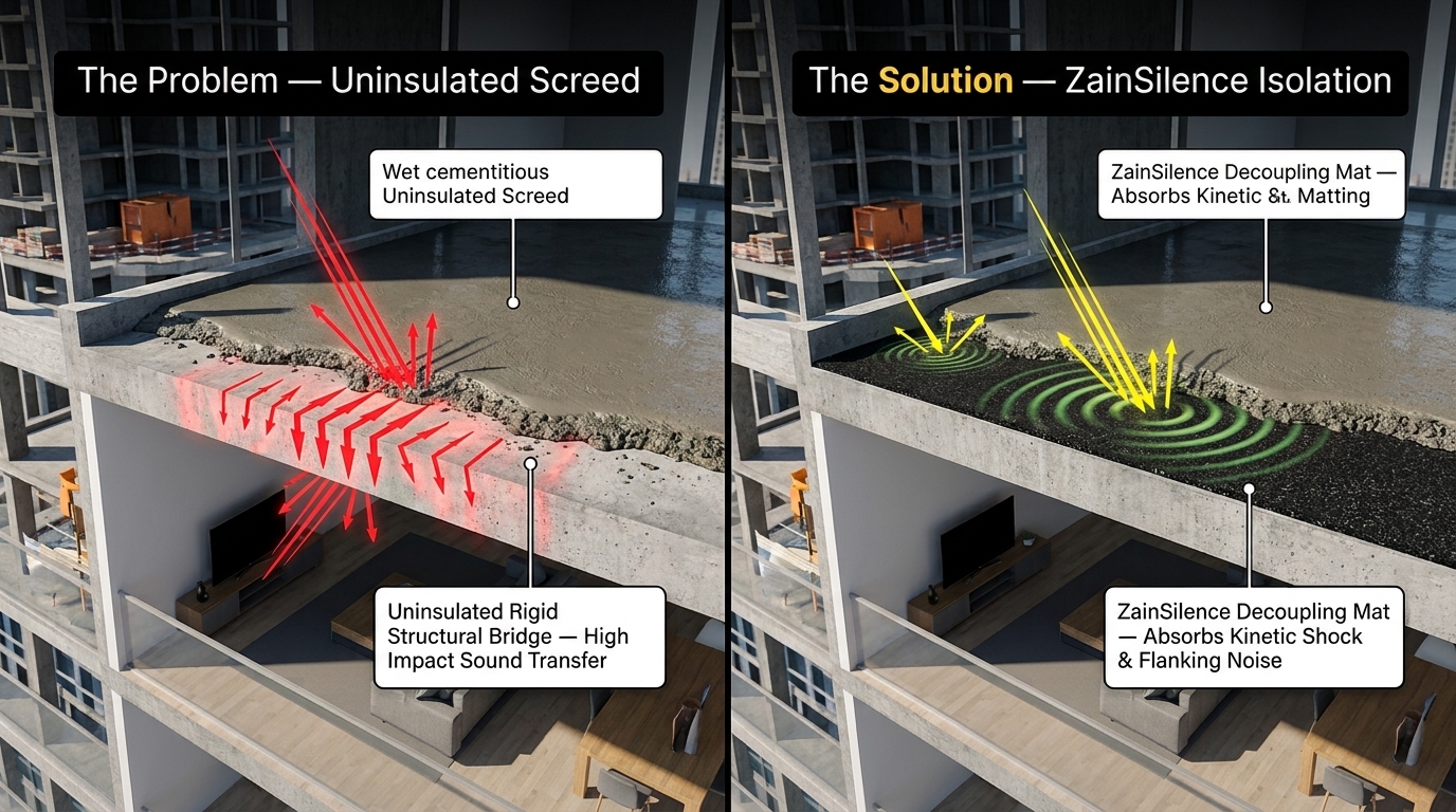 3D architectural diagram comparing an uninsulated screed bridge causing noise transmission against the ZainSilence isolation system dampening structural impact in a Dubai high-rise