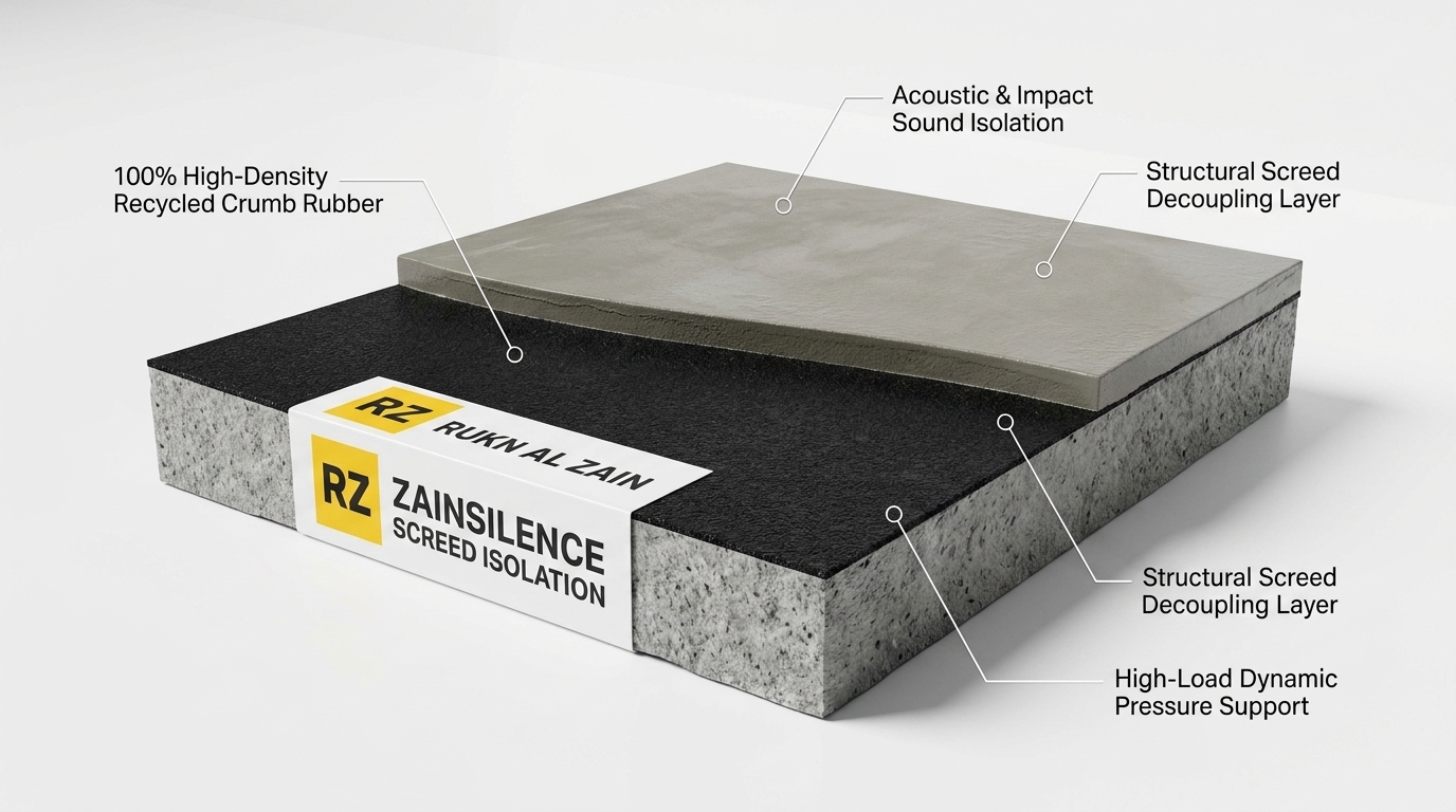 Technical 3D architectural cross-section detail displaying the ZainSilence heavy-load screed isolation matting installed beneath a wet concrete screed layer in Dubai