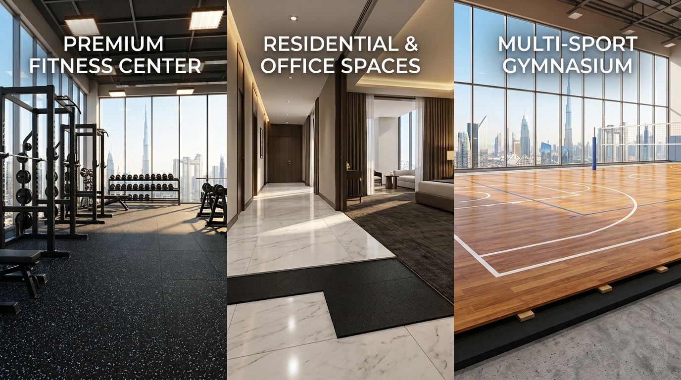 Composite of Zain Prime applications in Dubai — a school sports hall, an indoor synthetic running track and a hardwood basketball court