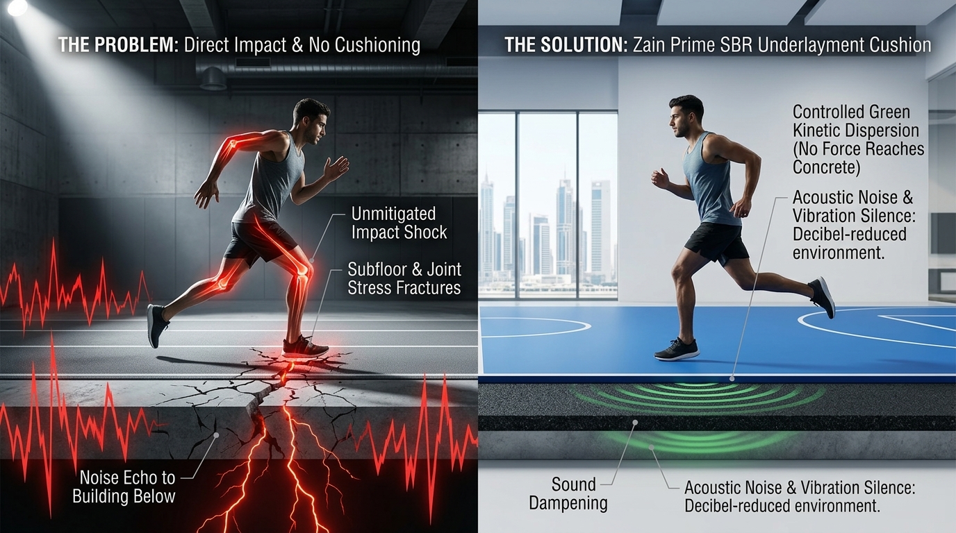 Side-by-side visualization showing athlete joint stress and noise transmission on an unbuffered track versus shock dispersion with Zain Prime rubber underlayment