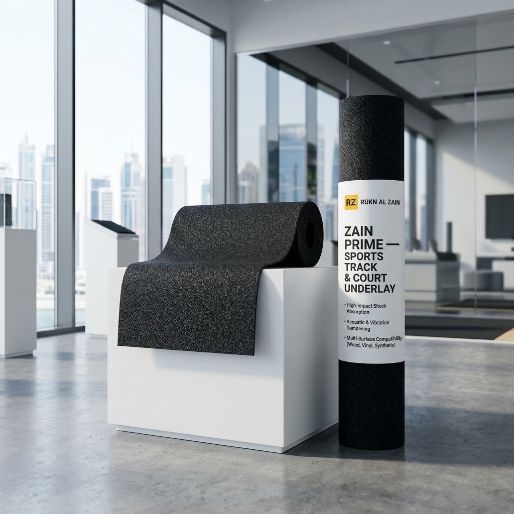 Zain Prime sports track underlayment sample roll displayed with official Rukn Al Zain product label sleeve in a Dubai commercial showroom